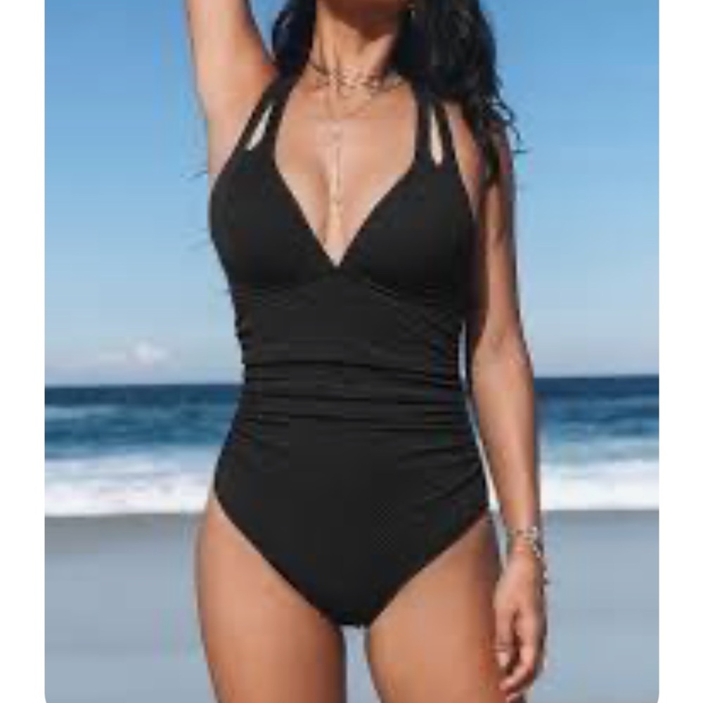 Cupshe Going Live Tummy Control Black Ribbed One-Piece High Leg Double Straps M